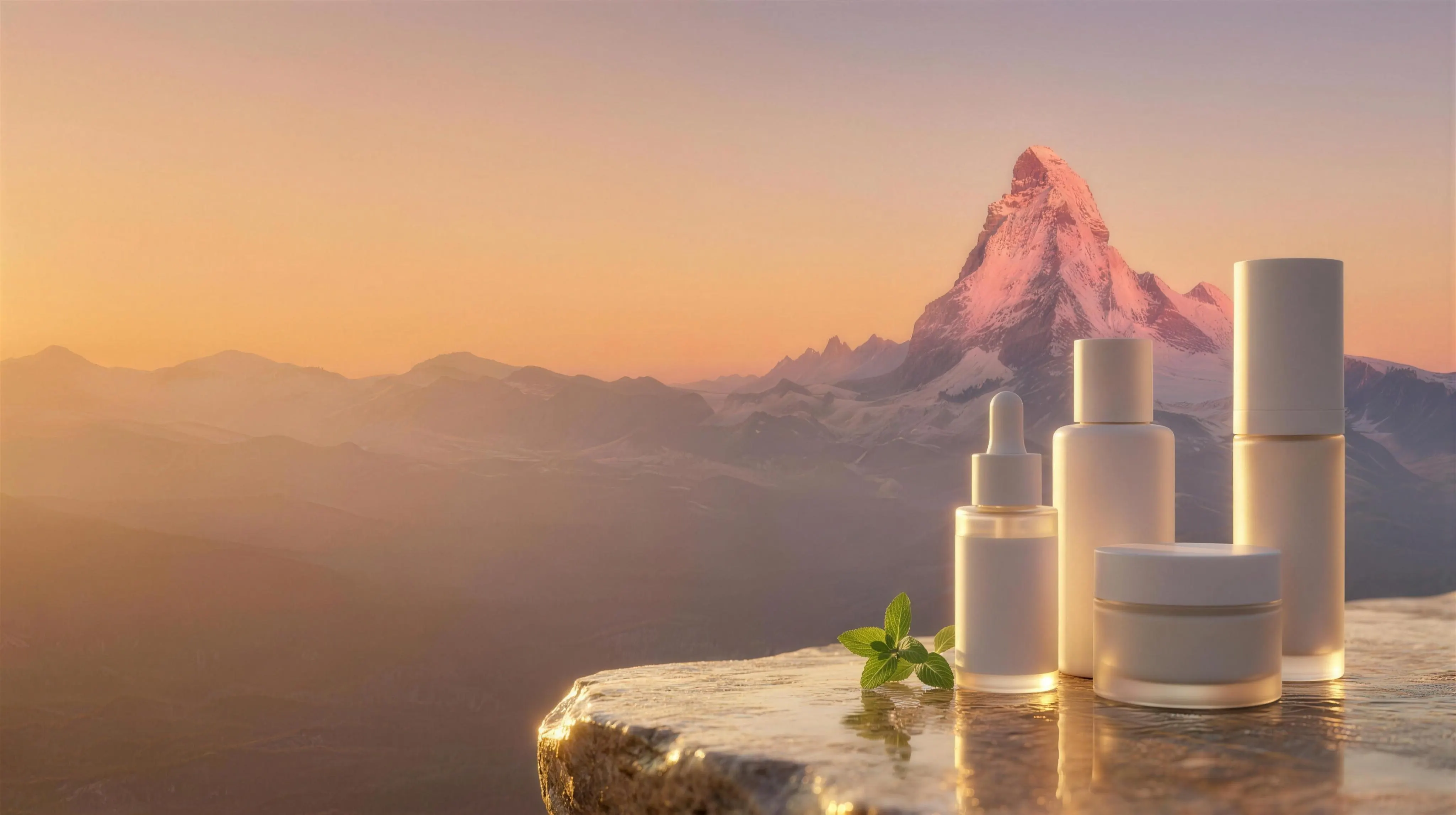 Premium Swiss skincare products with the Matterhorn at sunrise